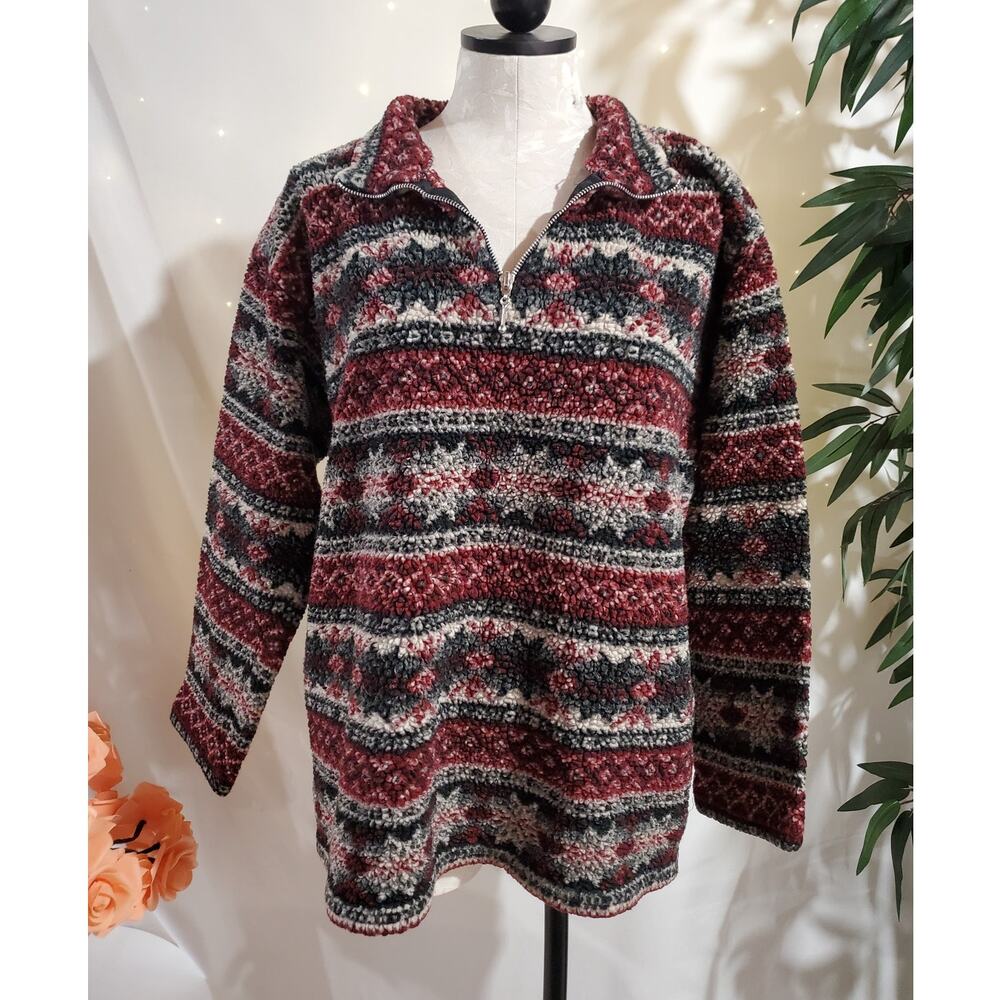 Vtg Alias 90s Fleece Fair Isle 1/4 Zip Pullover Size L Nordic Ski Lodge Cabin
